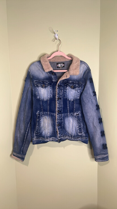 BKYS Bear Rose Embroidered Distressed Denim Jean Jacket Medium - Picture 5 of 8